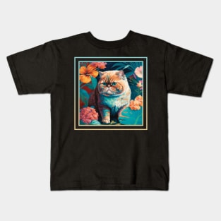 Persnickety Exotic Shorthair Cat Vibrant Tropical Flower Digital Oil Painting Pet Portrait Kids T-Shirt